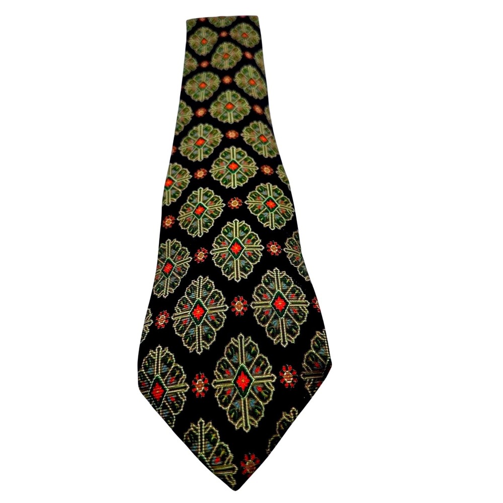 VINTAGE 90s Lands End Silk Tie Navy Gold Green Geometric Medallion Handsewn USA